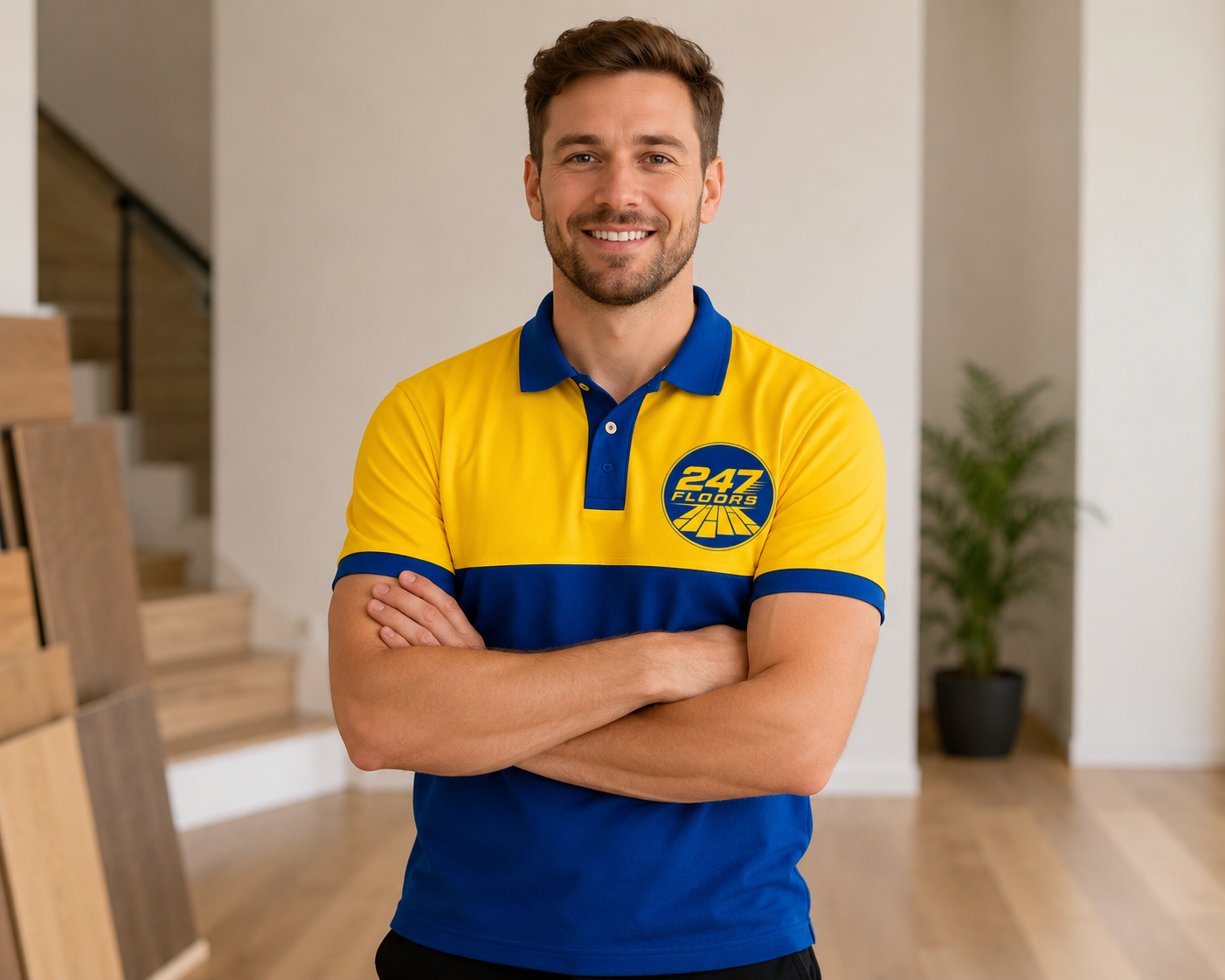 A friendly 247 Floors installer in branded blue and yellow polo, standing in a freshly floored home